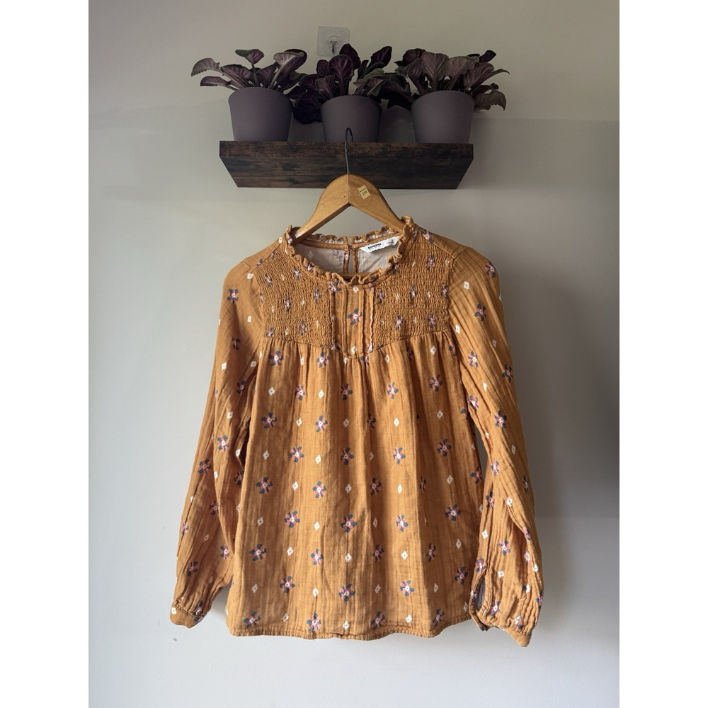 Sonoma Floral Cotton Gauze Smocked Blouse Mustard Yellow Boho Cottagecore Ruffle